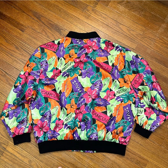 Vintage Stefano World Wide Tropical Satin Bomber Jacket Size L Travel Beach 90s - Picture 3 of 7